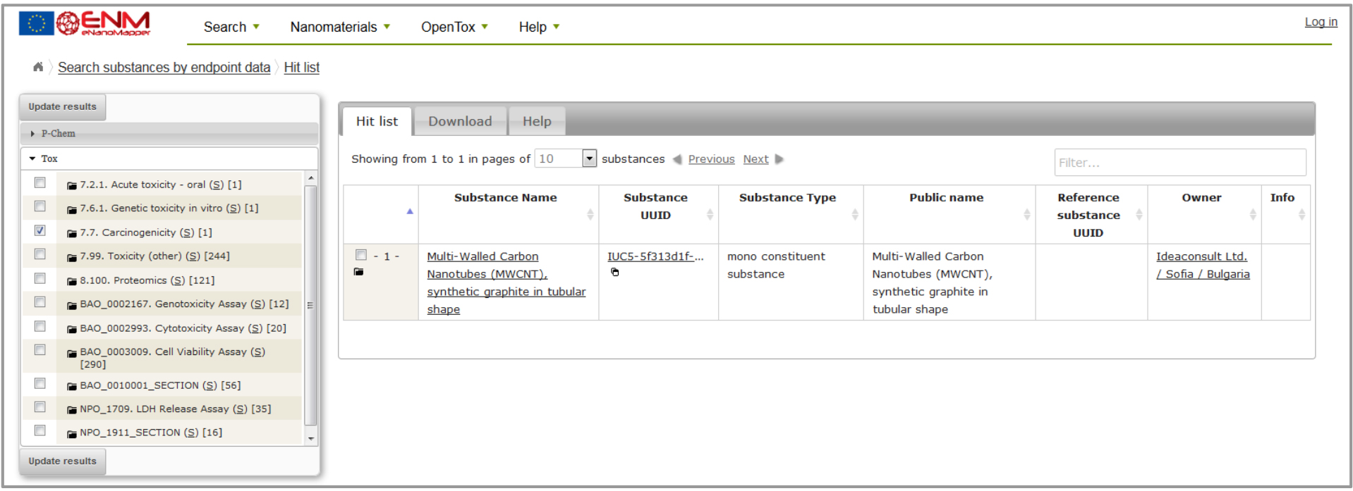 Figure 3: Result example in the eNM database for carcinogenicity data.